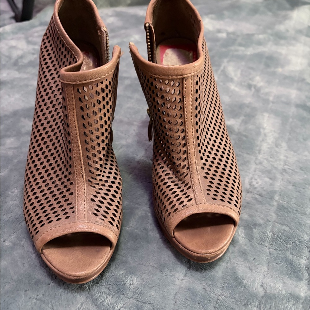 Vince Camuto Brown Perforated Peep-Toe Ankle Booties